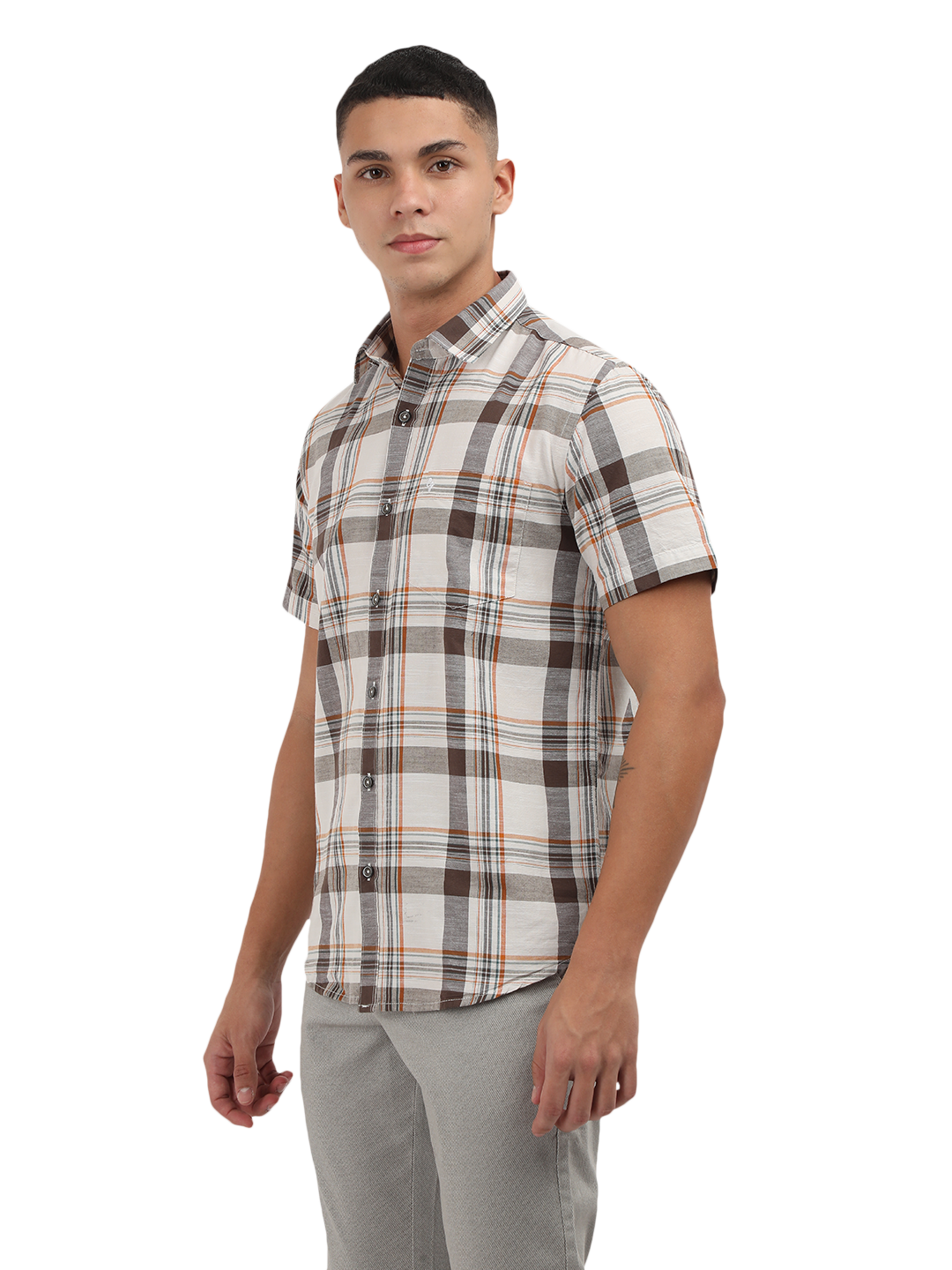 Model wearing Clarke Gable's White With Grey Checked Semi Casual Shirt in a casual setting