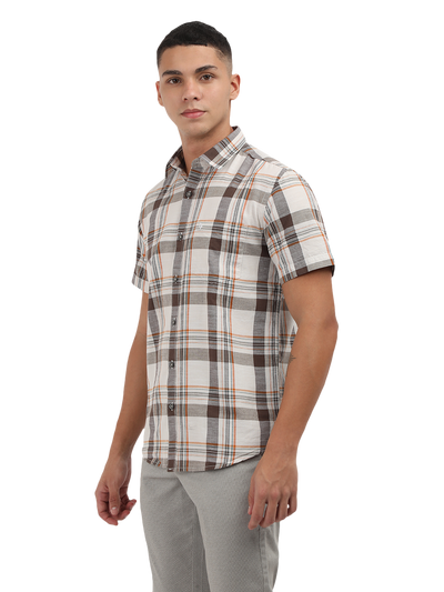 Model wearing Clarke Gable's White With Grey Checked Semi Casual Shirt in a casual setting