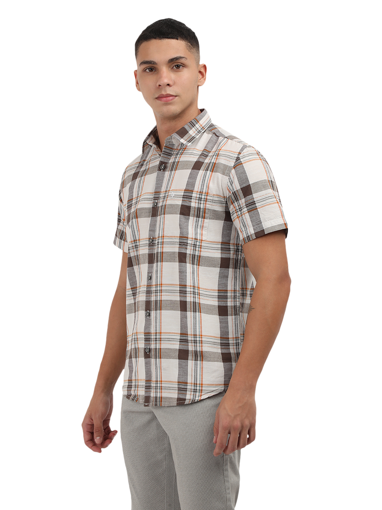 Model wearing Clarke Gable's White With Grey Checked Semi Casual Shirt in a casual setting