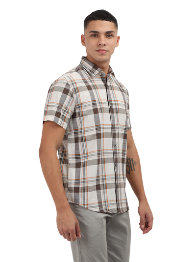 Model wearing Clarke Gable's White With Grey Checked Semi Casual Shirt in a casual setting