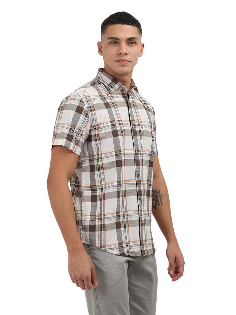 Model wearing Clarke Gable's White With Grey Checked Semi Casual Shirt in a casual setting