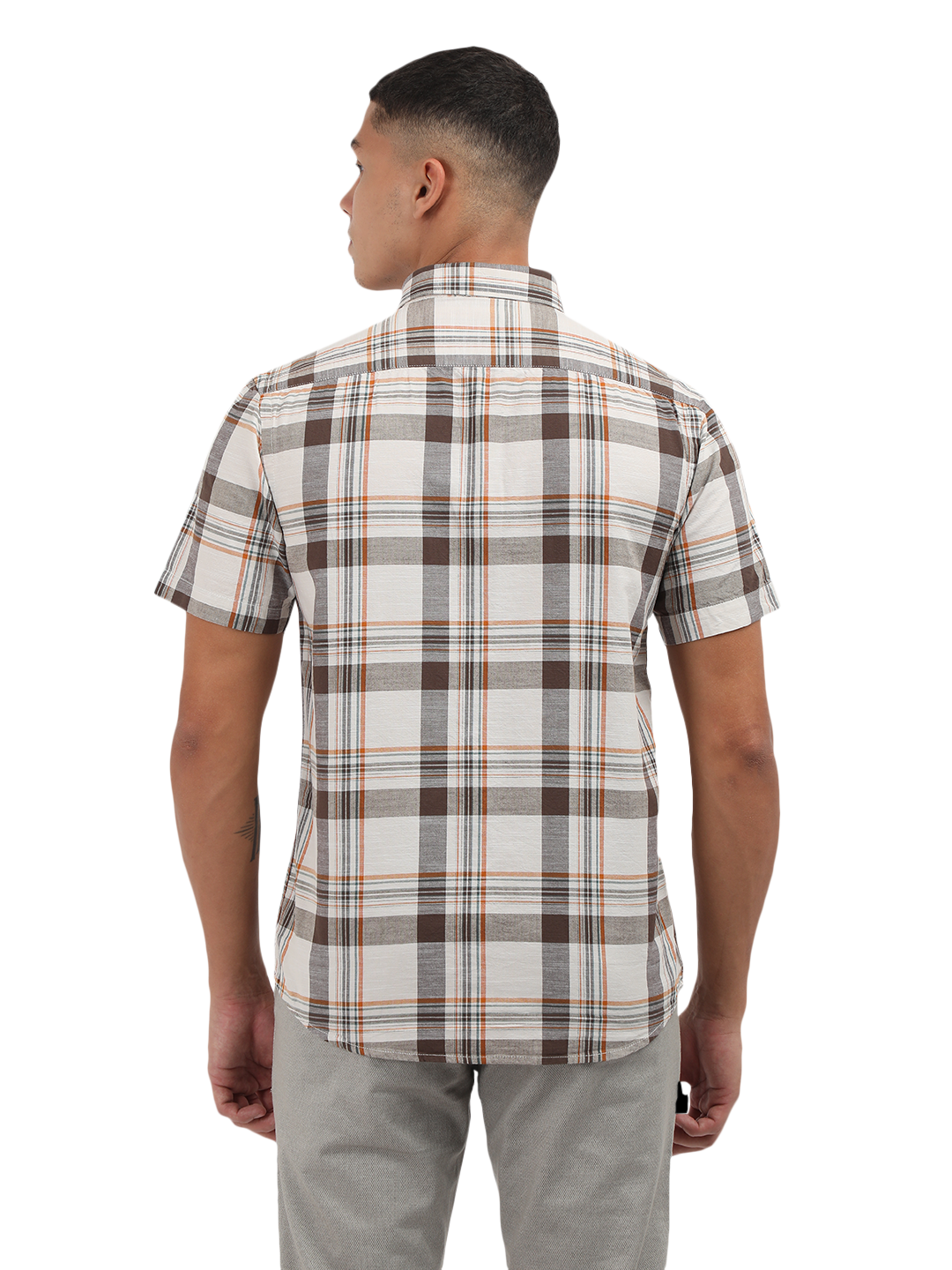 Model wearing Clarke Gable's White With Grey Checked Semi Casual Shirt in a casual setting