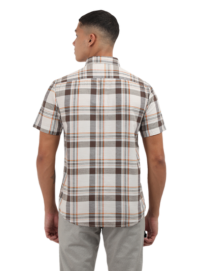 Model wearing Clarke Gable's White With Grey Checked Semi Casual Shirt in a casual setting