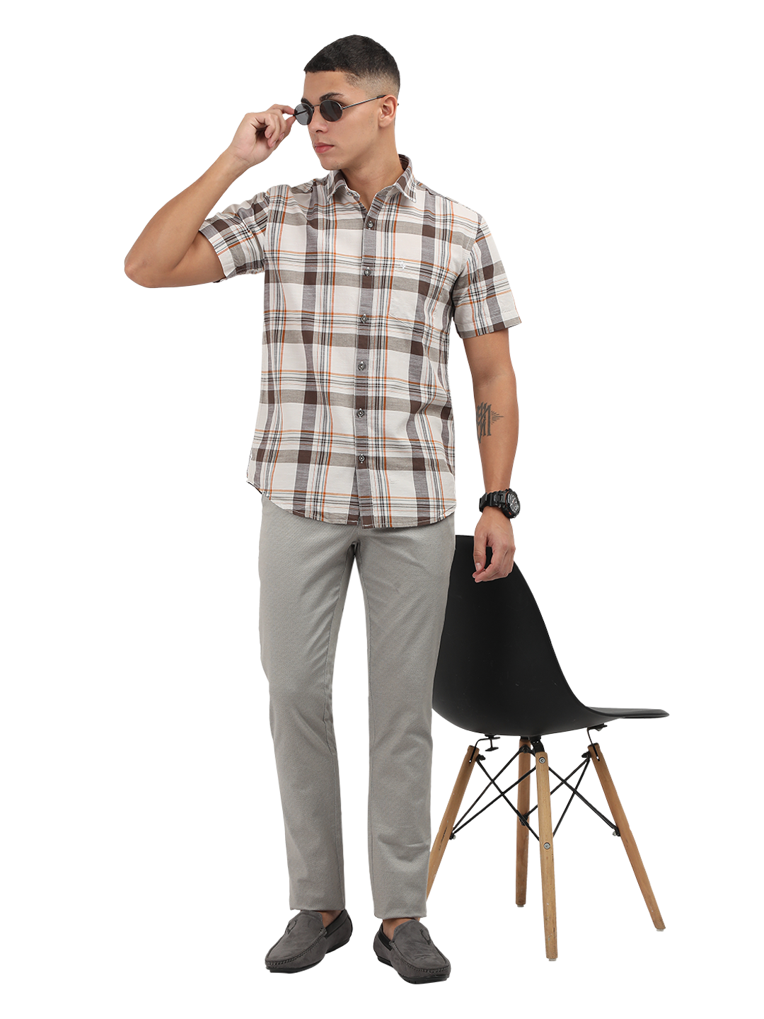 Model wearing Clarke Gable's White With Grey Checked Semi Casual Shirt in a casual setting