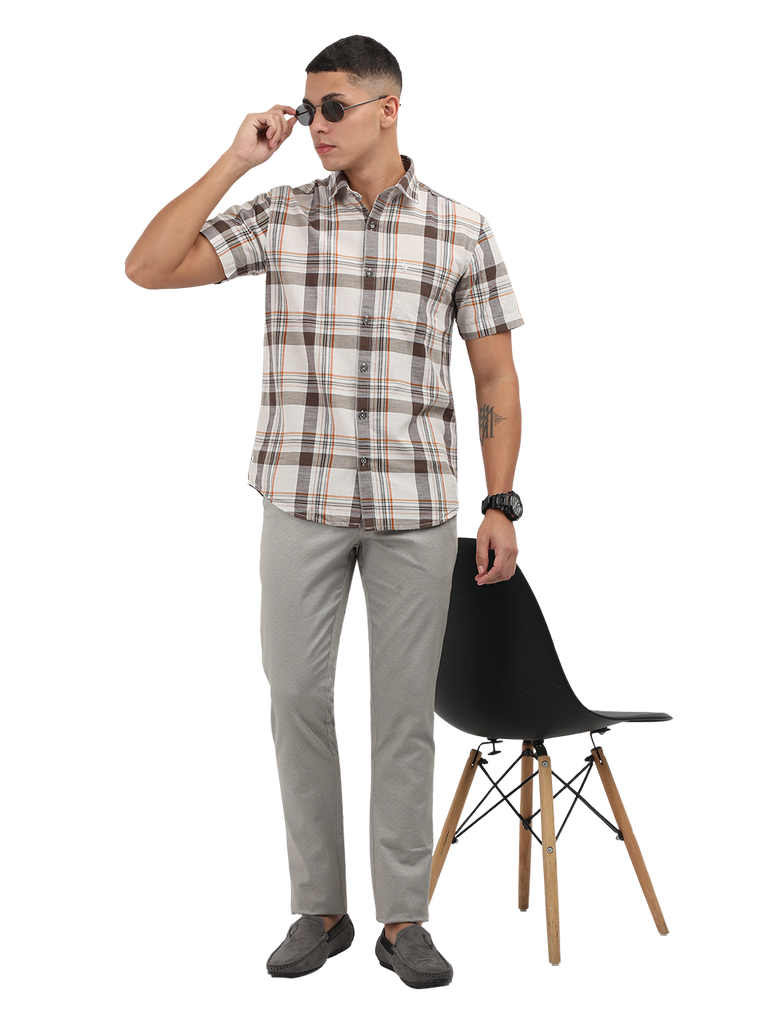 Model wearing Clarke Gable's White With Grey Checked Semi Casual Shirt in a casual setting