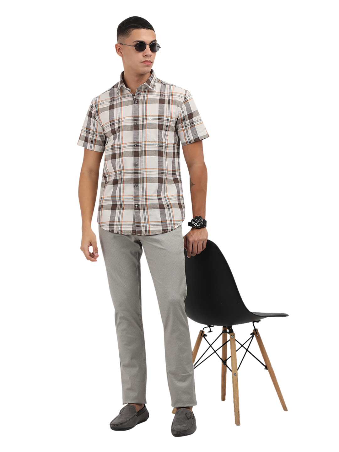 Model wearing Clarke Gable's White With Grey Checked Semi Casual Shirt in a casual setting