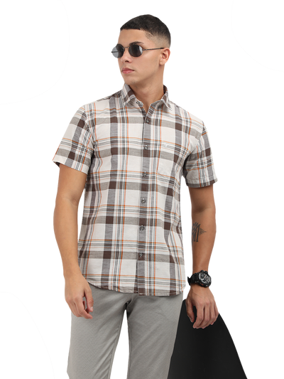 Model wearing Clarke Gable's White With Grey Checked Semi Casual Shirt in a casual setting