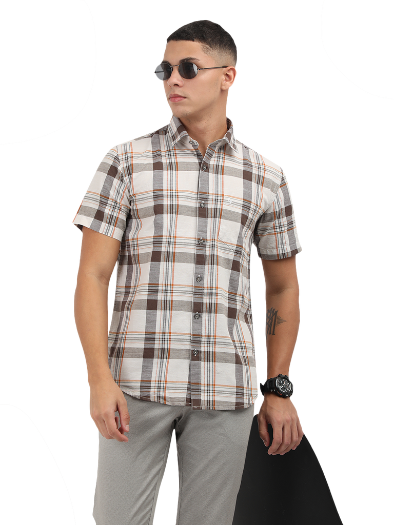 Model wearing Clarke Gable's White With Grey Checked Semi Casual Shirt in a casual setting