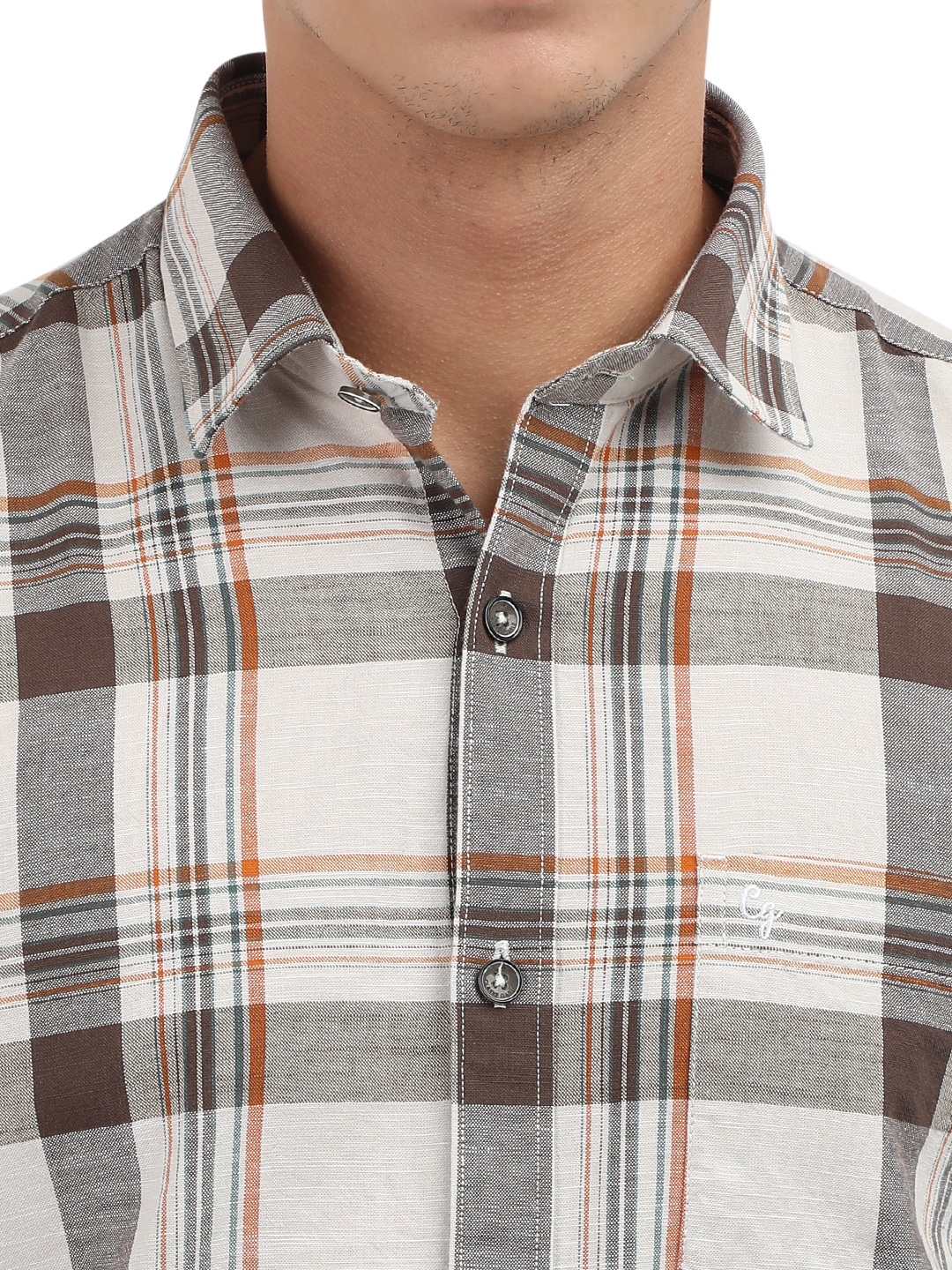 Model wearing Clarke Gable's White With Grey Checked Semi Casual Shirt in a casual setting