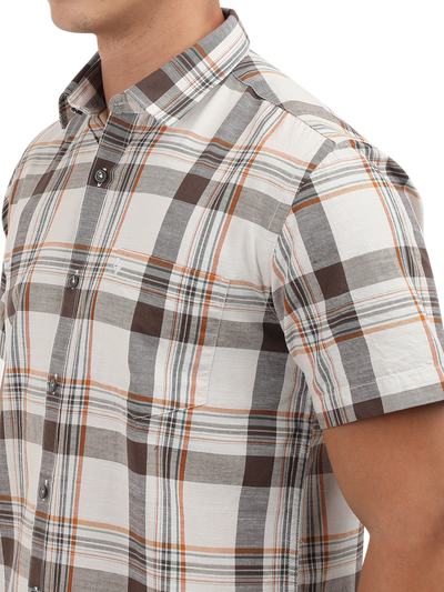 Model wearing Clarke Gable's White With Grey Checked Semi Casual Shirt in a casual setting