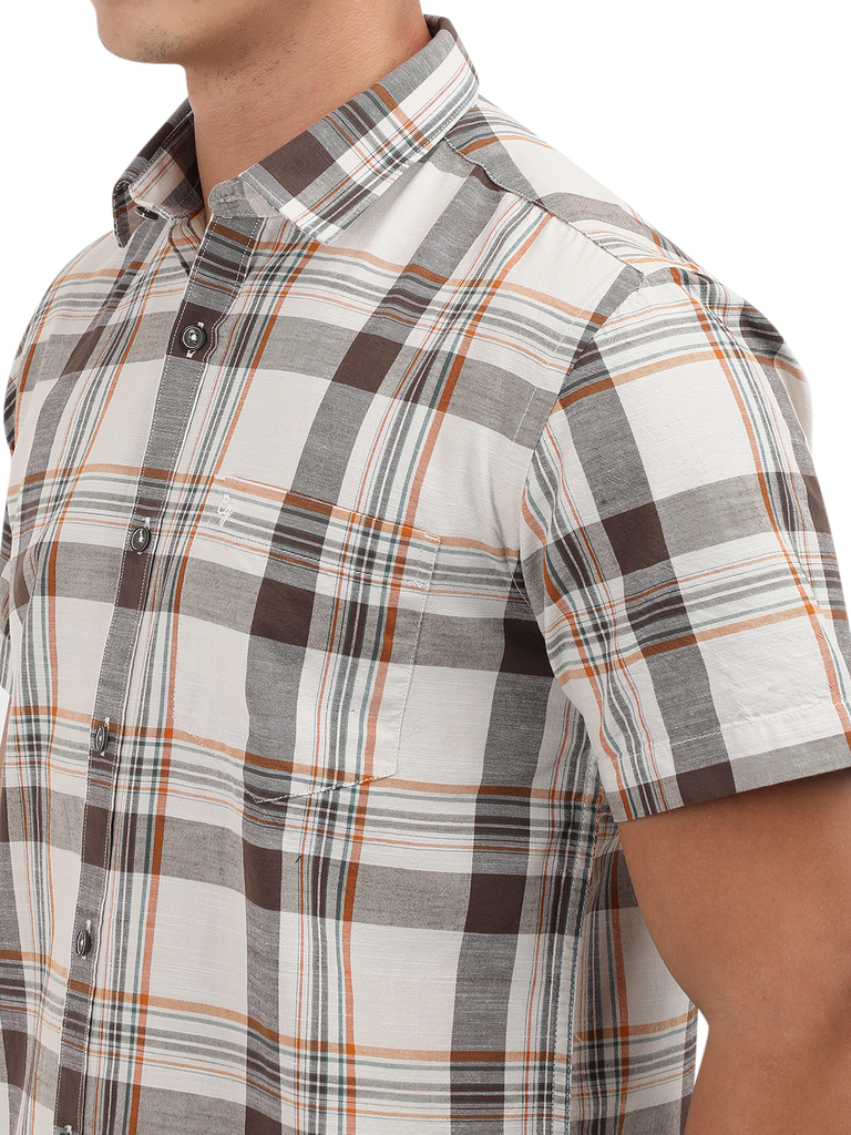 Model wearing Clarke Gable's White With Grey Checked Semi Casual Shirt in a casual setting