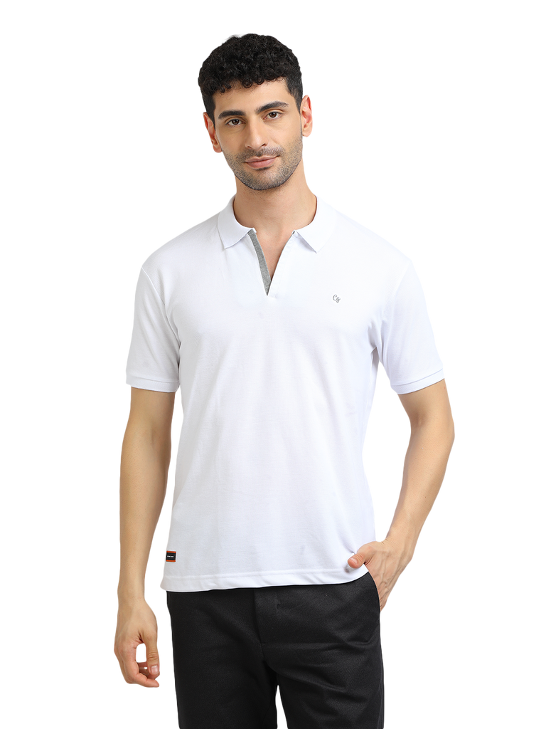 Model wearing Clarke Gable's White With Grey Solid Polo Collar T-Shirt in a casual setting