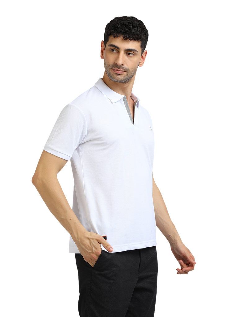 Model wearing Clarke Gable's White With Grey Solid Polo Collar T-Shirt in a casual setting