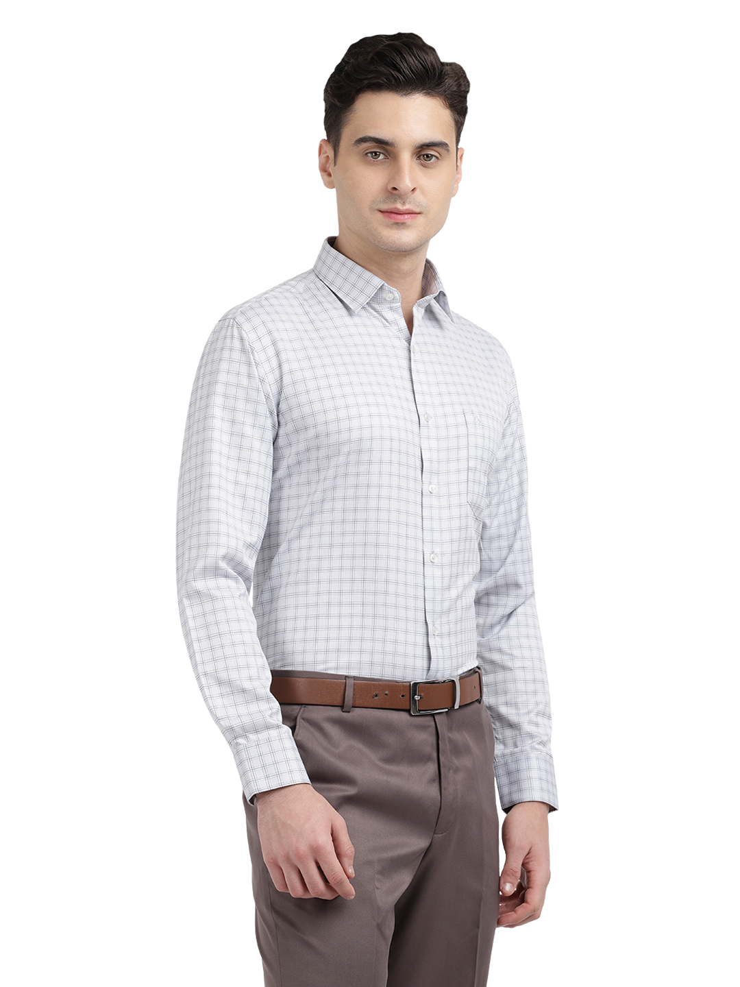 Model wearing Clarke Gable's White With Light Grey Checked Formal Shirt in a casual setting