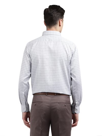Model wearing Clarke Gable's White With Light Grey Checked Formal Shirt in a casual setting