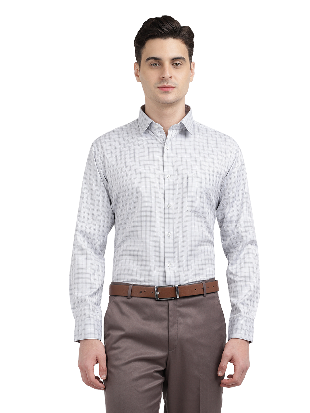 Model wearing Clarke Gable's White With Light Grey Checked Formal Shirt in a casual setting