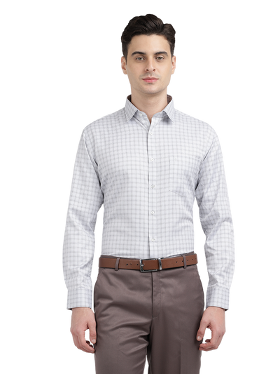 Model wearing Clarke Gable's White With Light Grey Checked Formal Shirt in a casual setting