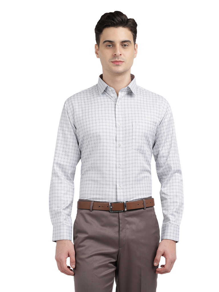 Model wearing Clarke Gable's White With Light Grey Checked Formal Shirt in a casual setting