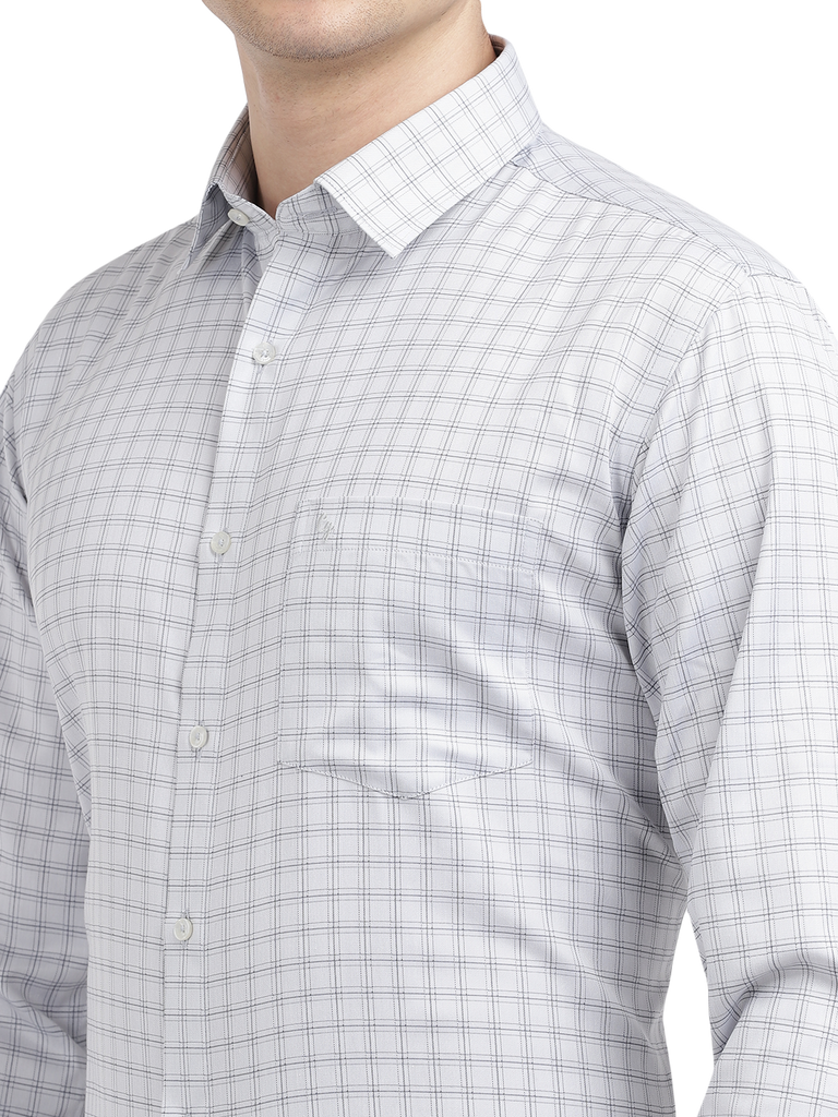 Model wearing Clarke Gable's White With Light Grey Checked Formal Shirt in a casual setting