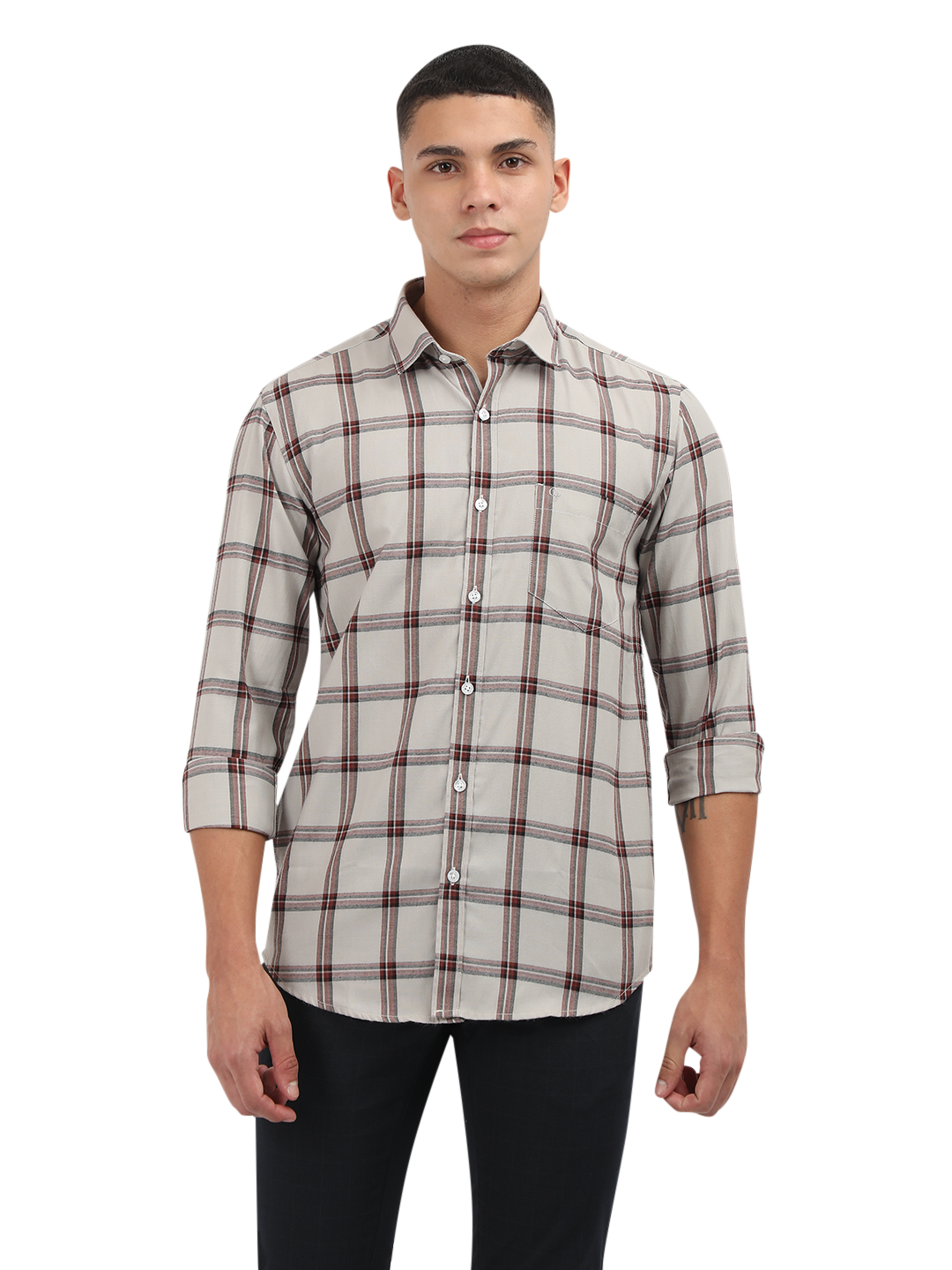 Model wearing Clarke Gable's White With Maroon Checked Semi Casual Shirt in a casual setting