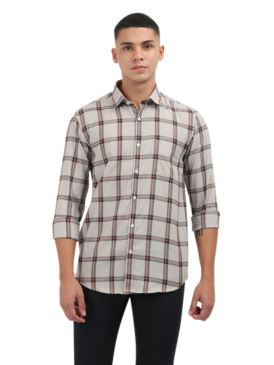 Model wearing Clarke Gable's White With Maroon Checked Semi Casual Shirt in a casual setting