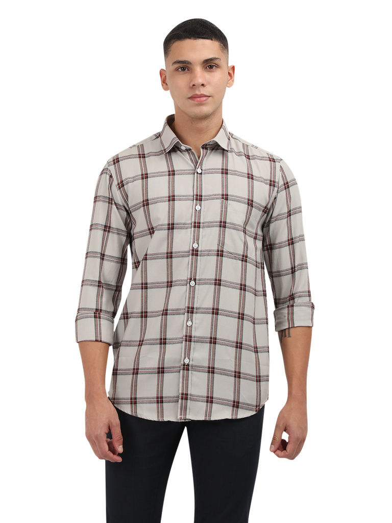 Model wearing Clarke Gable's White With Maroon Checked Semi Casual Shirt in a casual setting