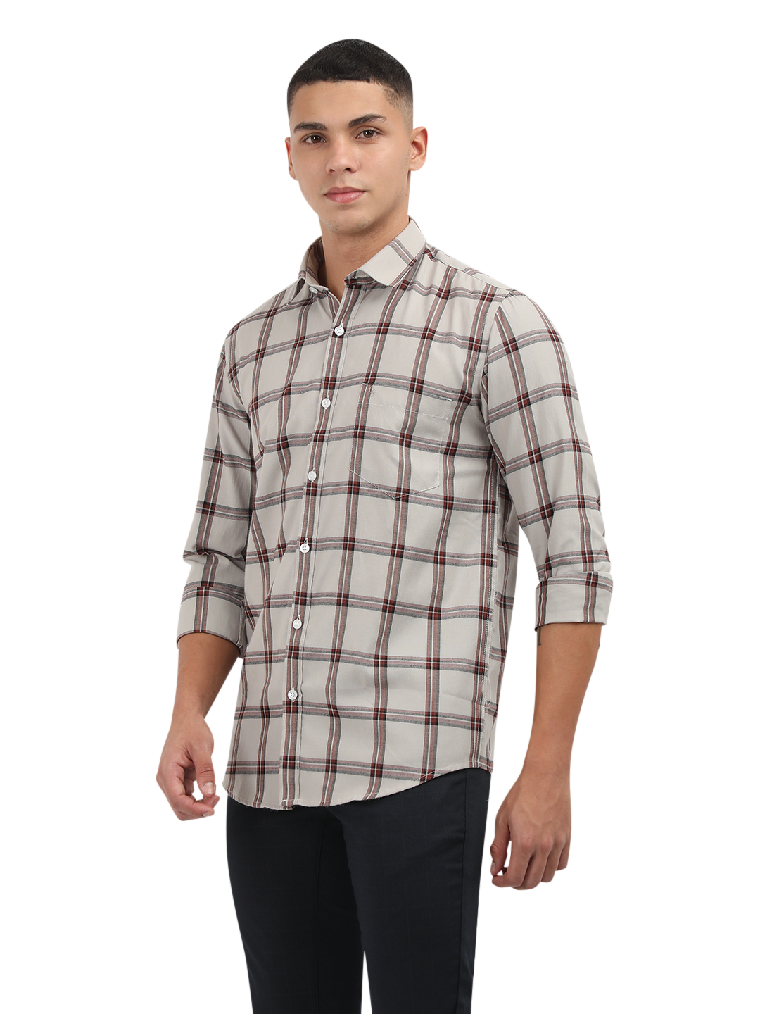 Model wearing Clarke Gable's White With Maroon Checked Semi Casual Shirt in a casual setting