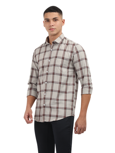 Model wearing Clarke Gable's White With Maroon Checked Semi Casual Shirt in a casual setting