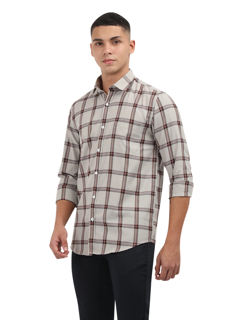 Model wearing Clarke Gable's White With Maroon Checked Semi Casual Shirt in a casual setting