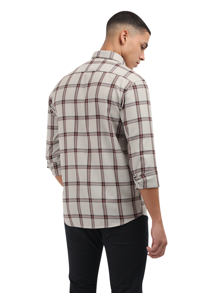 Model wearing Clarke Gable's White With Maroon Checked Semi Casual Shirt in a casual setting