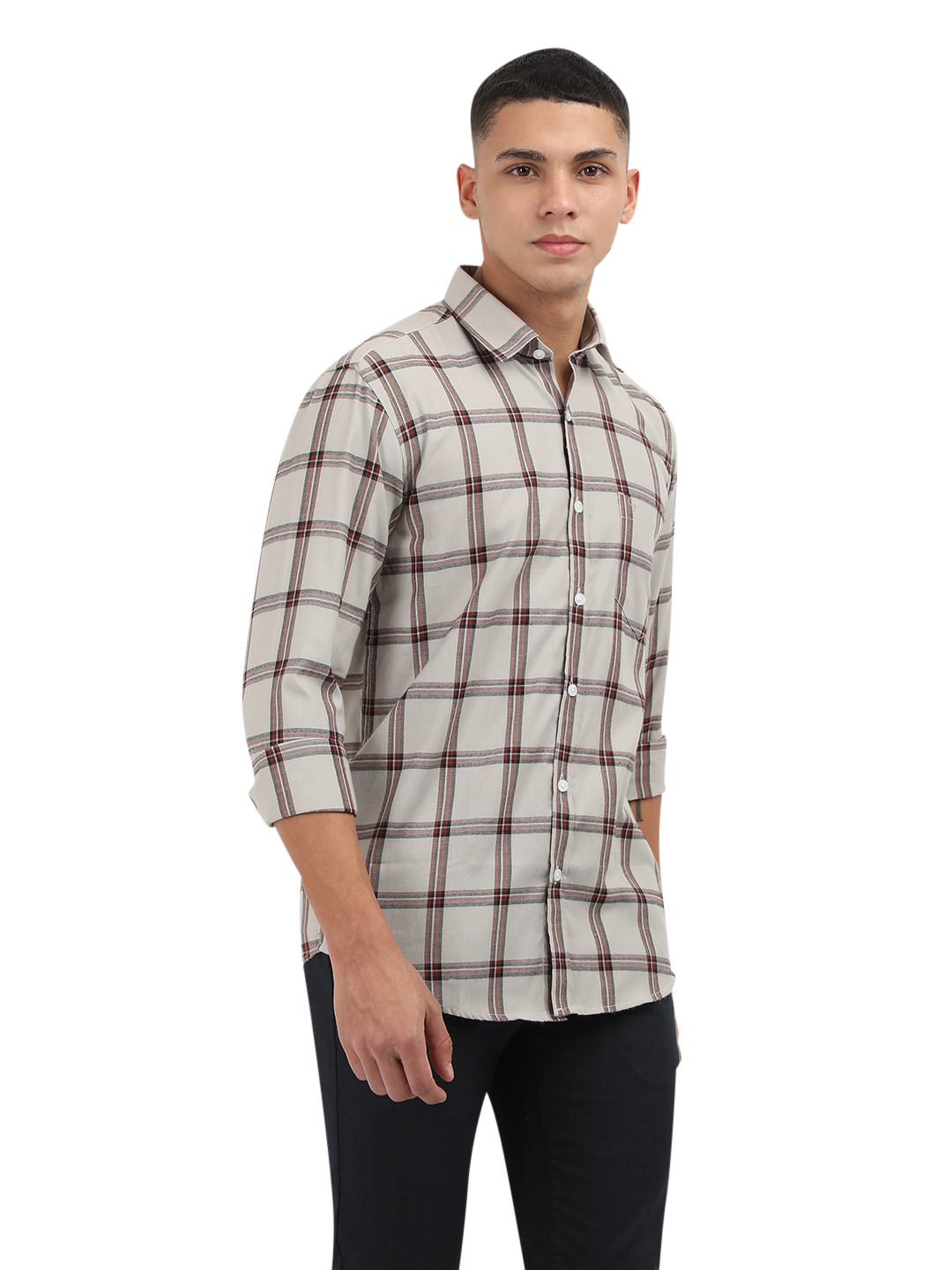 Model wearing Clarke Gable's White With Maroon Checked Semi Casual Shirt in a casual setting