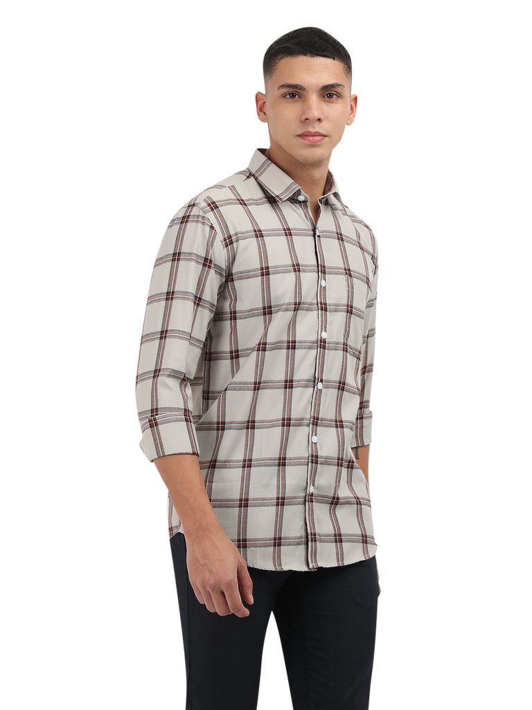 Model wearing Clarke Gable's White With Maroon Checked Semi Casual Shirt in a casual setting