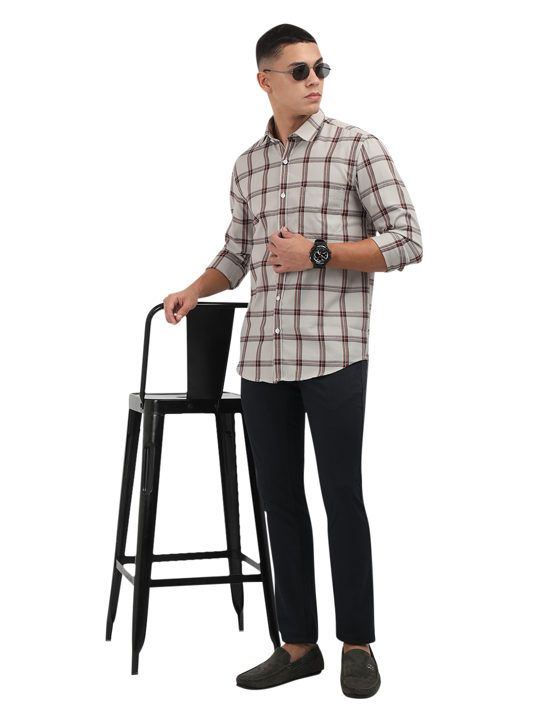 Model wearing Clarke Gable's White With Maroon Checked Semi Casual Shirt in a casual setting