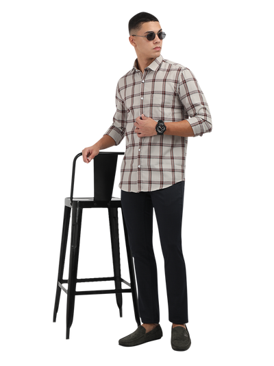 Model wearing Clarke Gable's White With Maroon Checked Semi Casual Shirt in a casual setting