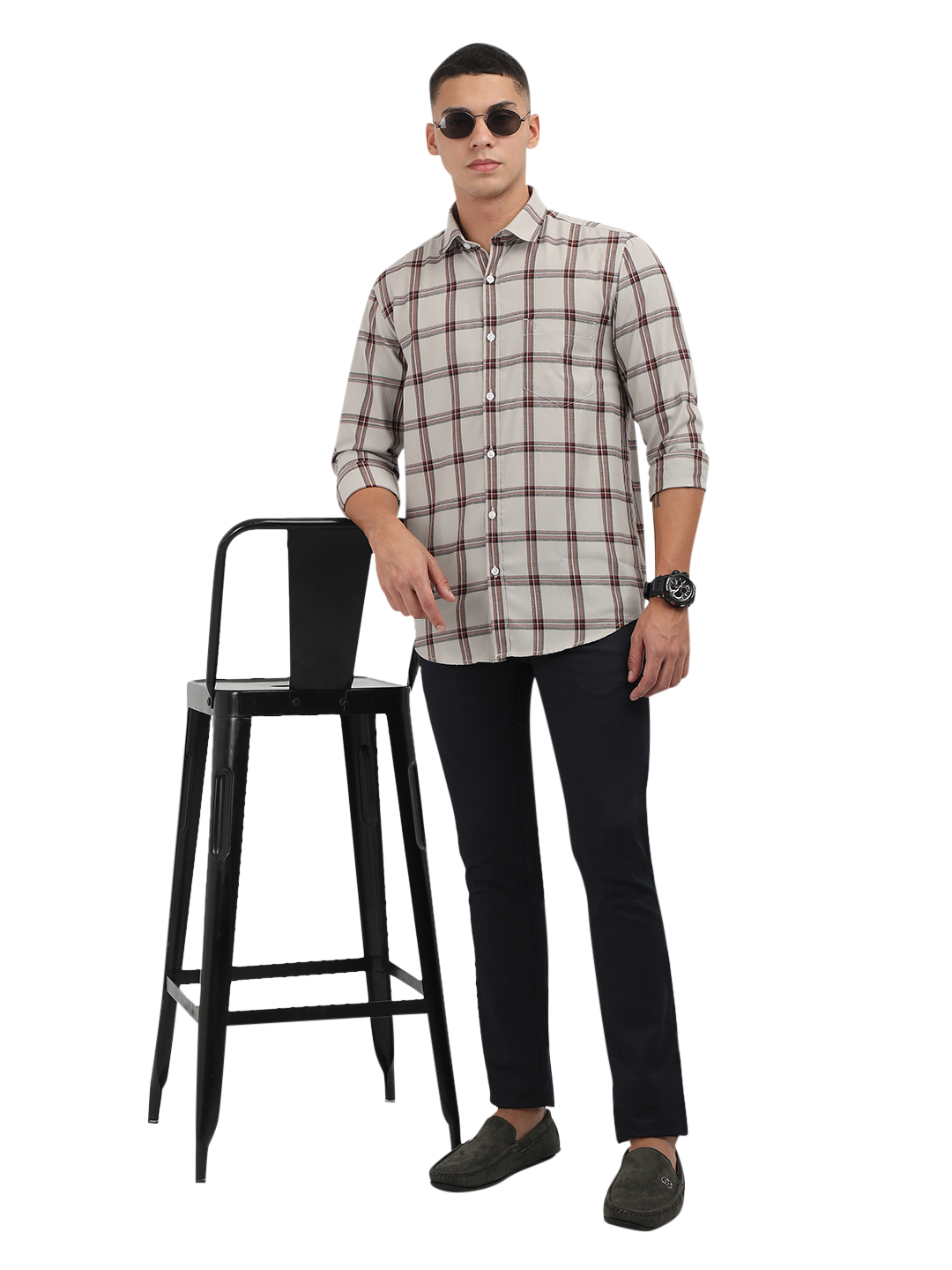 Model wearing Clarke Gable's White With Maroon Checked Semi Casual Shirt in a casual setting