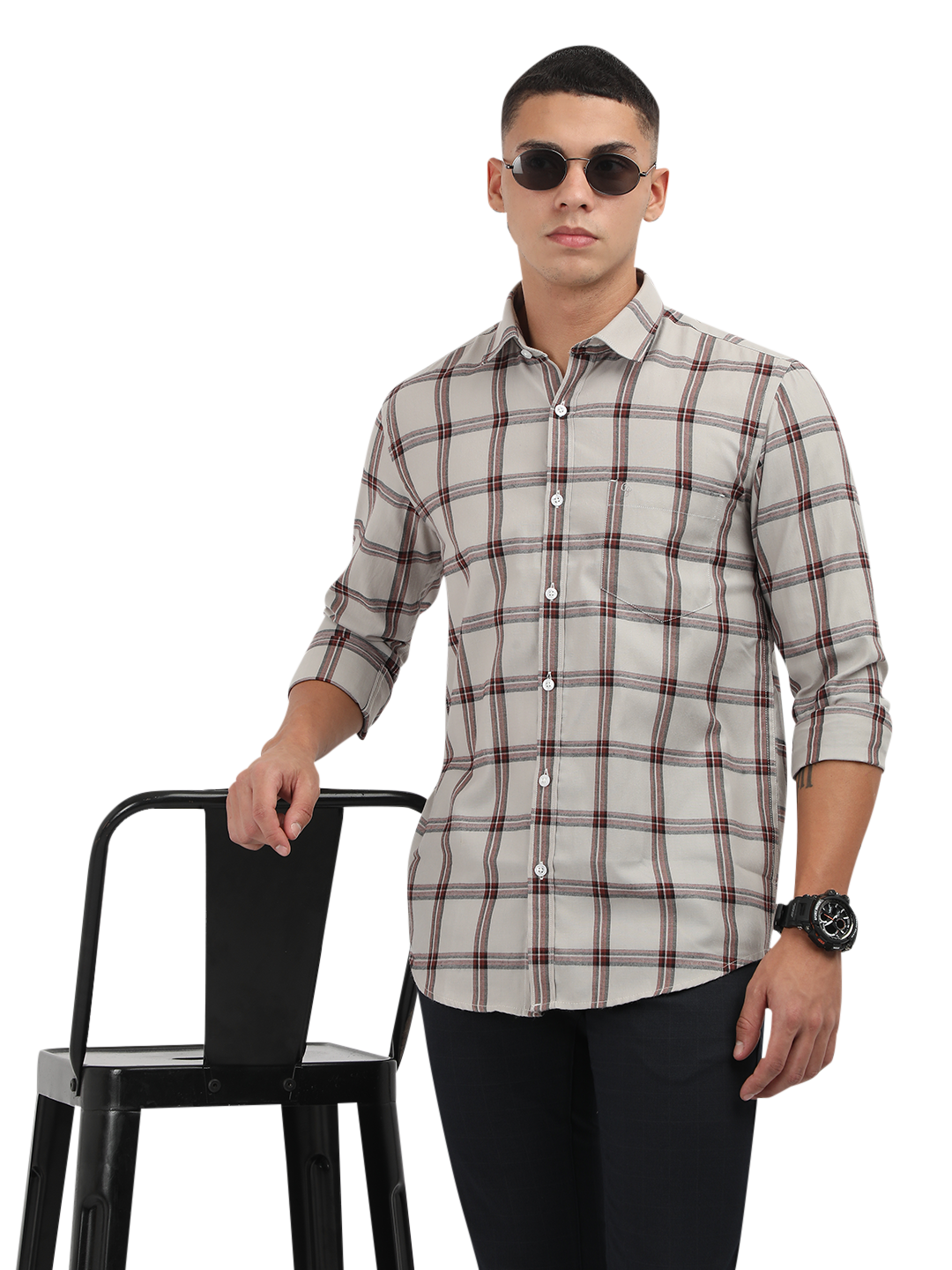 Model wearing Clarke Gable's White With Maroon Checked Semi Casual Shirt in a casual setting