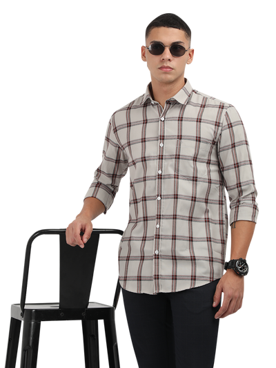 Model wearing Clarke Gable's White With Maroon Checked Semi Casual Shirt in a casual setting