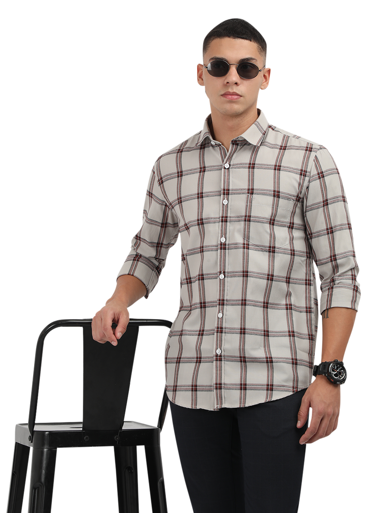 Model wearing Clarke Gable's White With Maroon Checked Semi Casual Shirt in a casual setting