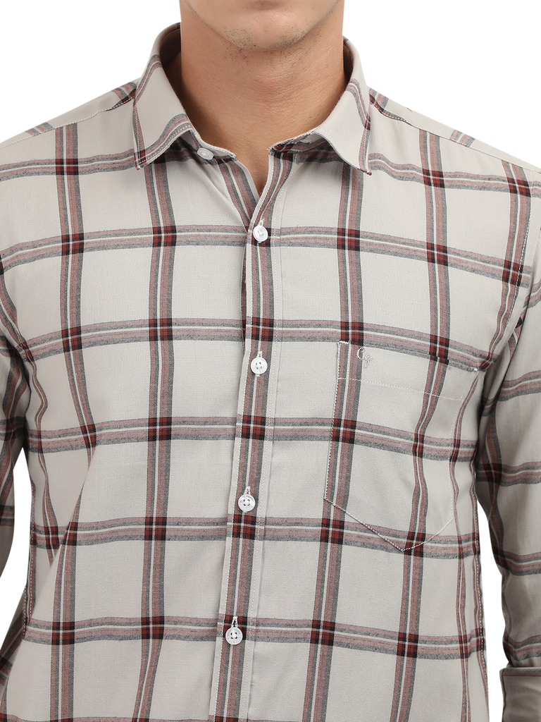 Model wearing Clarke Gable's White With Maroon Checked Semi Casual Shirt in a casual setting