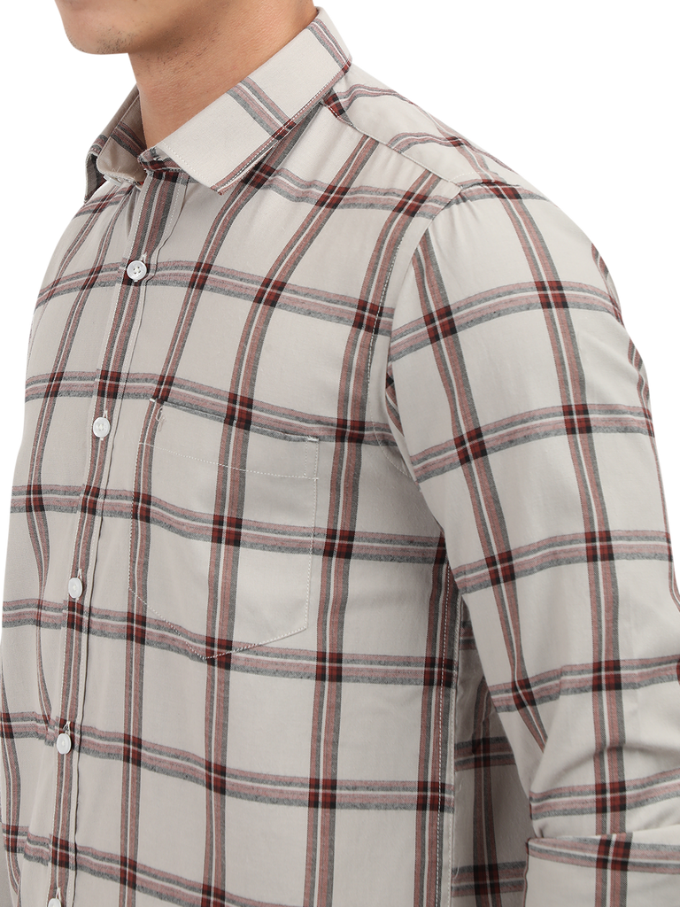 Model wearing Clarke Gable's White With Maroon Checked Semi Casual Shirt in a casual setting