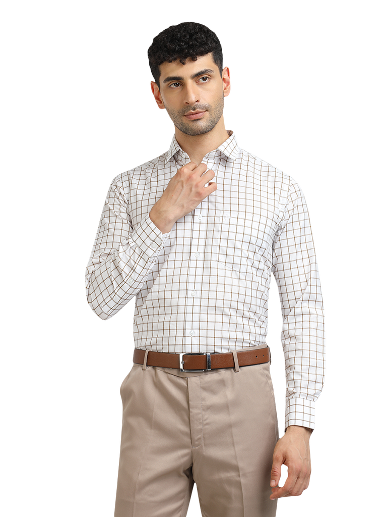 Model wearing Clarke Gable's White With Mustard Checked Formal Shirt in a casual setting