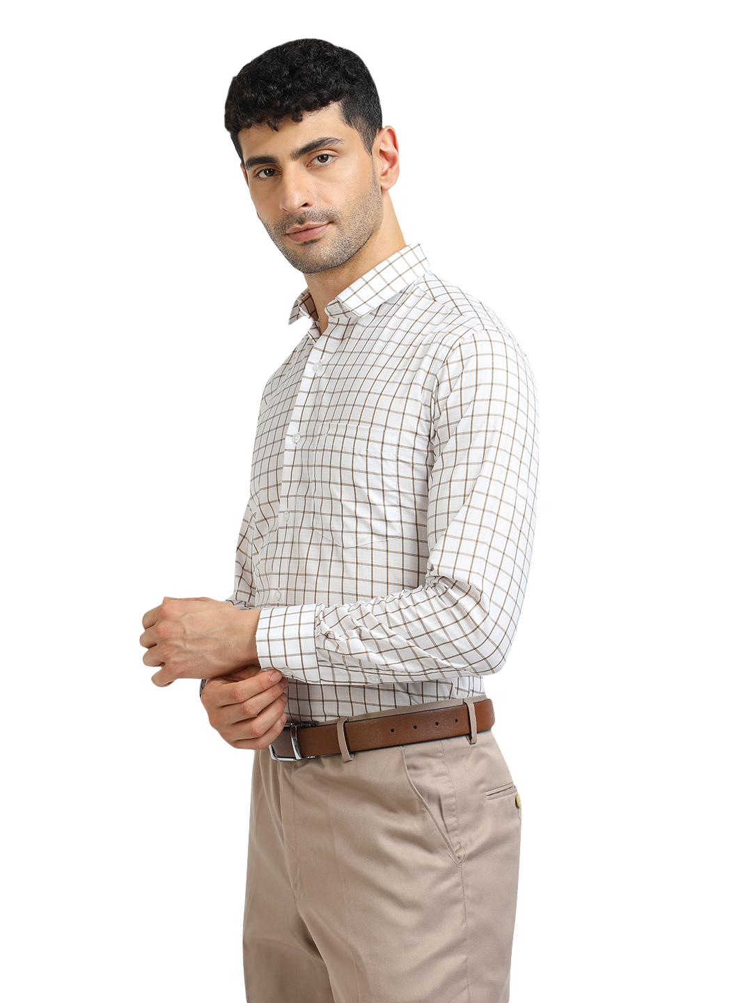 Model wearing Clarke Gable's White With Mustard Checked Formal Shirt in a casual setting