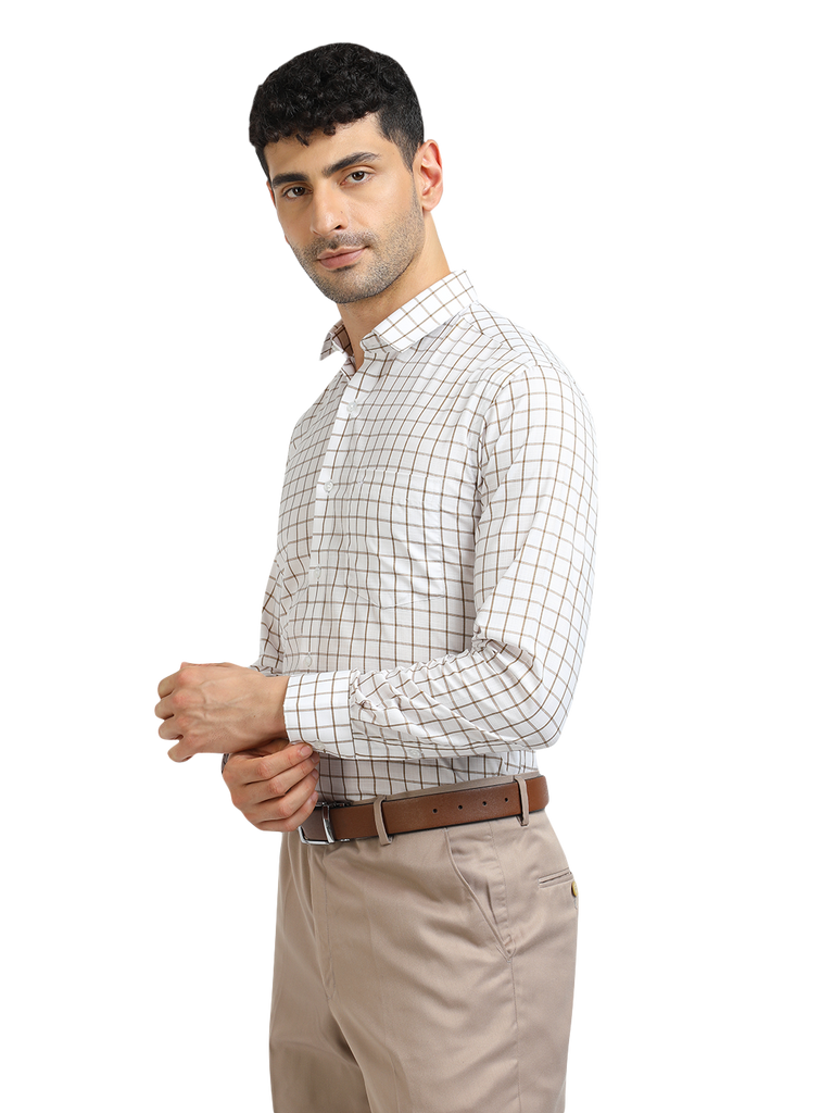 Model wearing Clarke Gable's White With Mustard Checked Formal Shirt in a casual setting