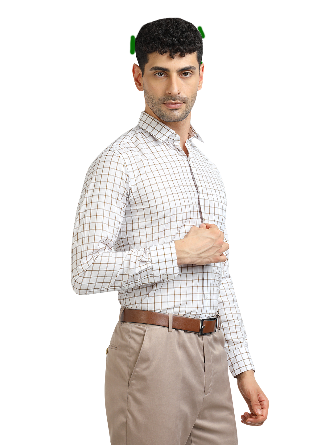 Model wearing Clarke Gable's White With Mustard Checked Formal Shirt in a casual setting