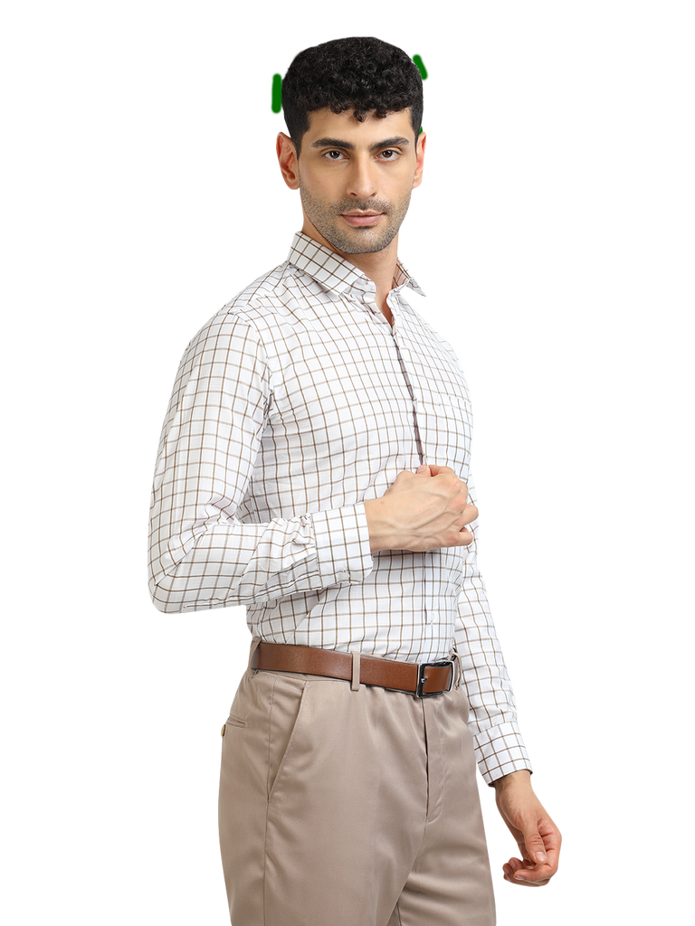 Model wearing Clarke Gable's White With Mustard Checked Formal Shirt in a casual setting