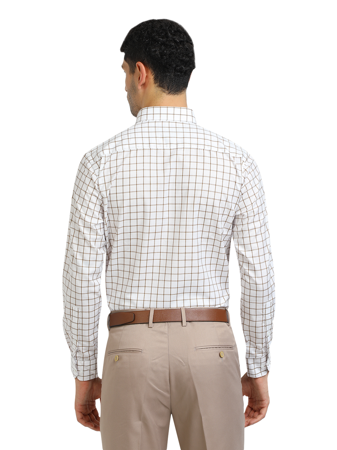 Model wearing Clarke Gable's White With Mustard Checked Formal Shirt in a casual setting