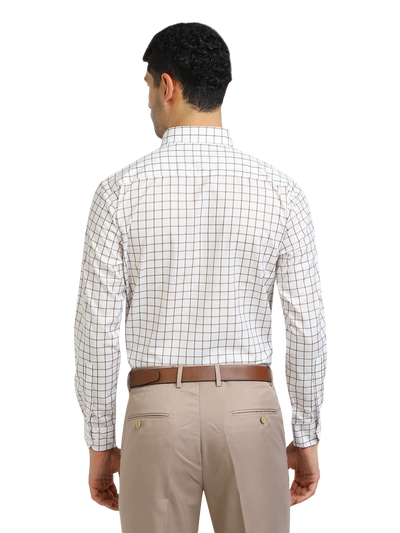 Model wearing Clarke Gable's White With Mustard Checked Formal Shirt in a casual setting