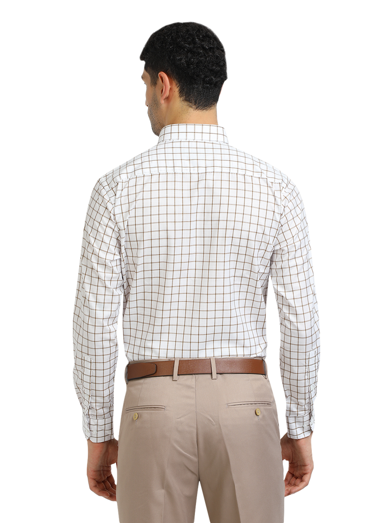 Model wearing Clarke Gable's White With Mustard Checked Formal Shirt in a casual setting