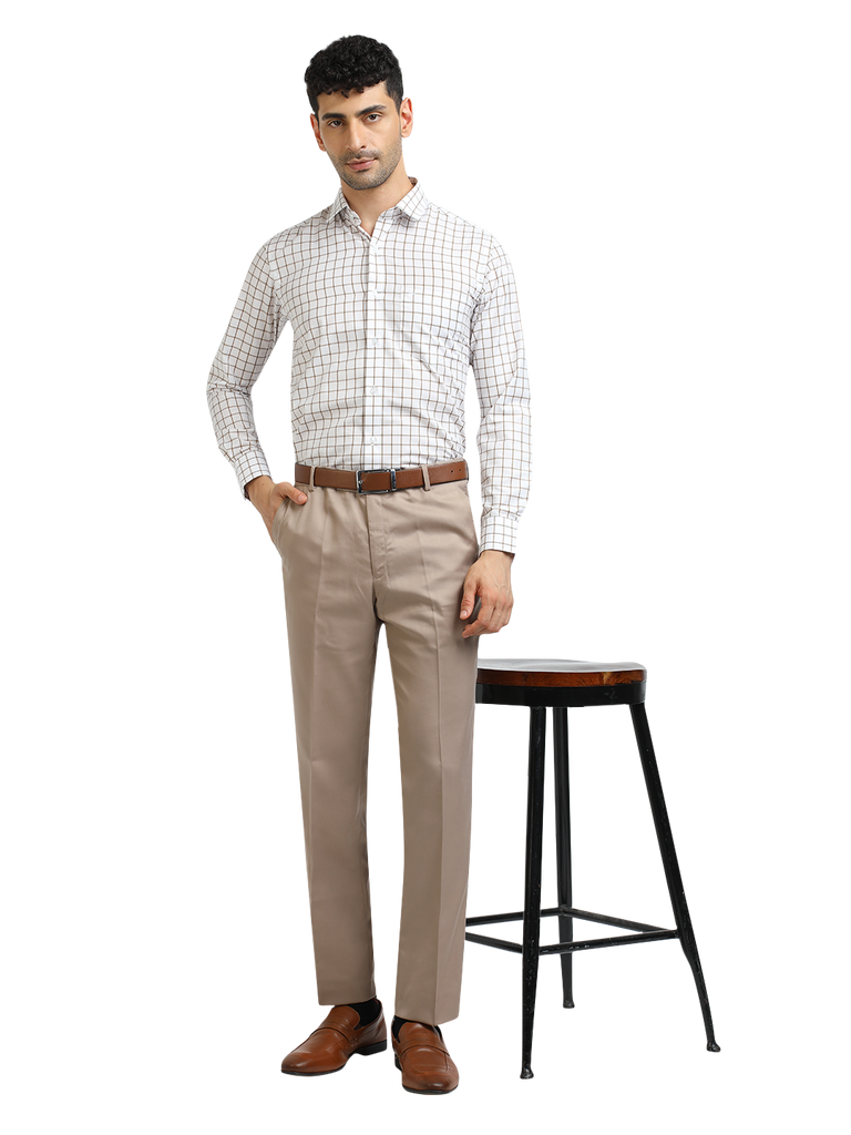 Model wearing Clarke Gable's White With Mustard Checked Formal Shirt in a casual setting