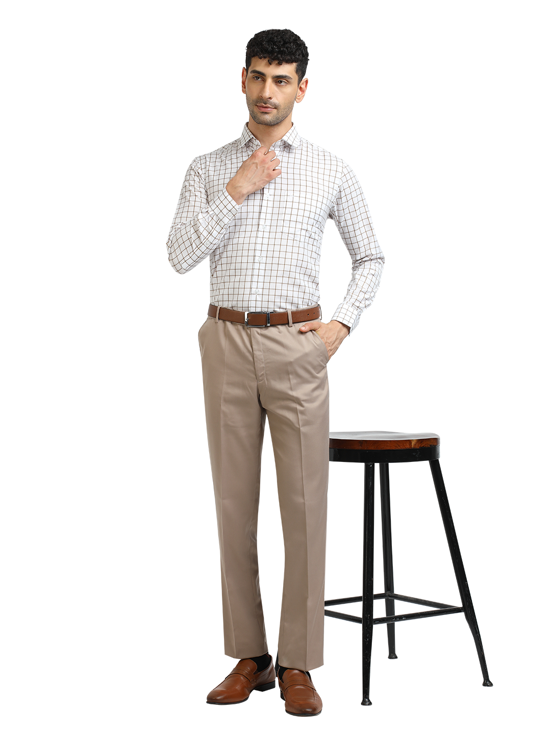 Model wearing Clarke Gable's White With Mustard Checked Formal Shirt in a casual setting